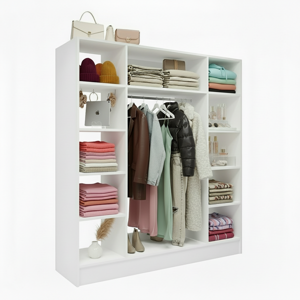 Internal layout of a modern white 4-door wardrobe cupboard with hanging rail and shelving storage